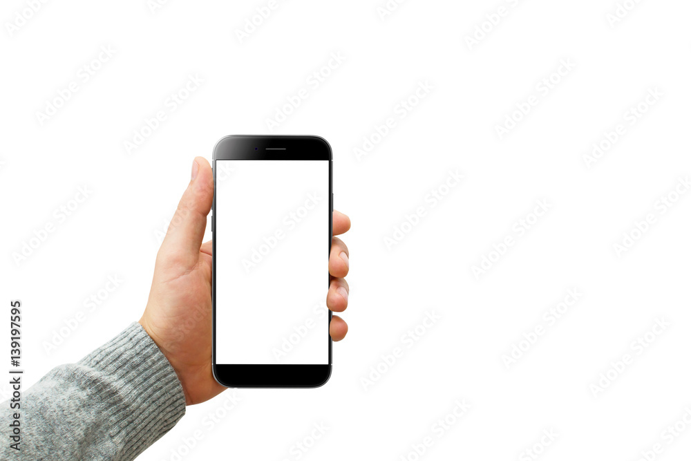 Man hand holding black modern phone on white isolated background ...