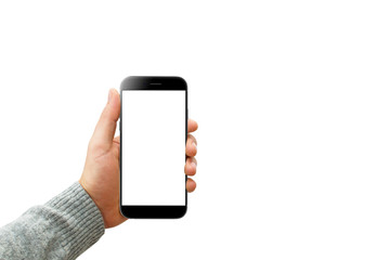 Man hand holding black modern phone on white isolated background. Isolated smartphone in man hand with empty screen