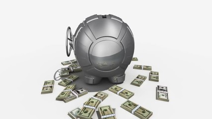 Wall Mural - Steel piggy bank with money rotating on white background. Conceptual 3D render.