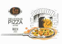 Pizza Ready To Bake In The Oven Vector Illustration