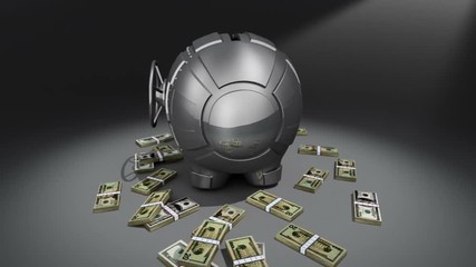 Wall Mural - Steel piggy bank with money rotating on dark background. Conceptual 3D render.