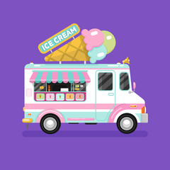 Wall Mural - Flat design vector illustration of ice cream car. Mobile retro vintage shop truck icon with signboard with big ice cream cone. Side view, isolated.