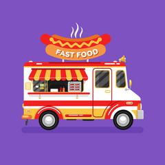 Wall Mural - Flat design vector illustration of fast food car. Mobile retro vintage shop truck icon with signboard with big tasty hot dog. Side view, isolated. Fast or junk food, unhealthy eating concept.