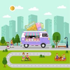 Wall Mural - Flat design vector illustration of City landscape with ice cream van. Mobile retro shop truck icon with signboard with big ice cream cone. People spend time in park, eating, walking, eating.