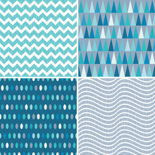 Set Of Seamless Geometric Masculine Patterns In Aqua Blue And Teal With Grunge Overlay. Includes Chevrons, Triangles, Polka Dots And Stripes, For Gift Wrapping Paper, Wallpapers And Surface Textures.