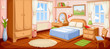 Vector illustration of a bedroom interior with a bed, nightstand, wardrobe and windows.