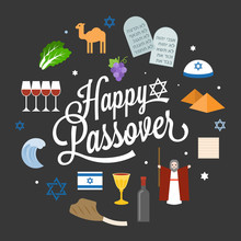 Happy Passover Poster Pictogram With Moses, Pyramid, Typographic Font And Element, Flat Design