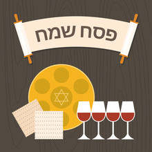 Hebrew Alphabet In Torah Scroll Meaning Happy Passover,four Glass Of Wine With Seder Plate And Matzah, Flat Design