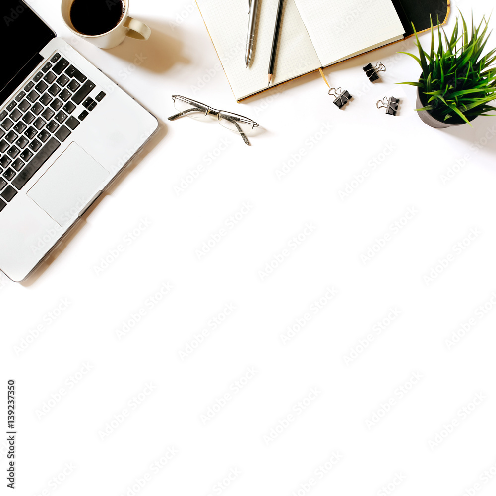 Modern minimalistic work place. White office desk table with laptop, coffee  cup, clips, glasses, office plant, notebook, pen and pencil. Top view with  copy space, flat lay Stock Photo | Adobe Stock, image size:1000x1000