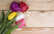 Bouquet Of Tulips On Wooden Background