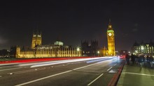 Big Ben Time-lapse On The Westminster Bridge In London At Night , Hyper Lapse Slow Movement To The Big Ben.
Long Shutter Speed With Long Light Trails.