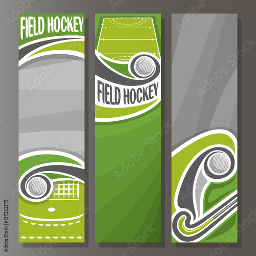 Vector Vertical Banners For Field Hockey 3 Template For Title Text On Field Hockey Theme Stick Hitting Ball Sport Court With Flying Ball Abstract Vertical Banner For Advertising On Grey Background Stock