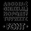 Graphic font. Handmade sans-serif font, thin lines. Hand drawn calligraphy lettering alphabet. Vector illustration. Letters on a black background. Doodle comic font for your design. Monochrome.