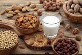 latte di frutta secca mandorle noci nocciole su sfondo rustico