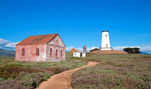Lighthouse And Red Brick Fog Signal Building At Piedras Blancas Point On The Central California Coast North Of San Simeon California USA