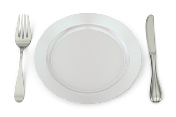 Poster - Empty plate with knife and fork, 3D rendering
