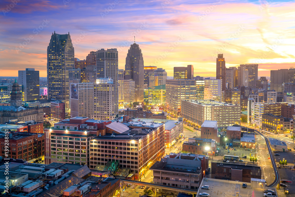 Aerial view of downtown Detroit at twilight Stock Photo | Adobe Stock