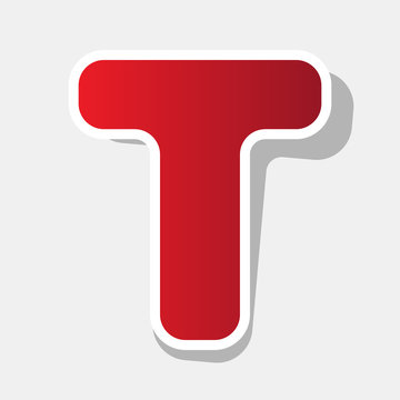 Letter T sign design template element. Vector. New year reddish icon with outside stroke and gray shadow on light gray background.