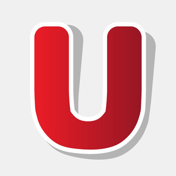 Letter U sign design template element. Vector. New year reddish icon with outside stroke and gray shadow on light gray background.