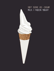 Wall Mural - Soft serve icecream / Frozen Yogurt in Waffle cone . Milk Ice-cream . Hand Drawn illustration Vector