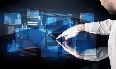 Poster - Man pressing technology smart table interface
