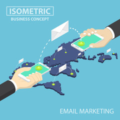 Poster - Isometric businessman hands holding smartphone sending email messages