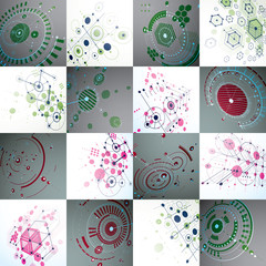 Fototapete - Collection of Bauhaus wallpapers, art dimensional vector background made with honeycombs, lines and circles. Graphic 1960s illustration can be used as booklet cover design. 3d technological pattern.