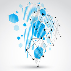 Fototapete - Bauhaus art, 3d modular blue vector wallpaper made using hexagons and circles. Retro style pattern, perspective graphic backdrop for use as booklet cover template. Engineering system.
