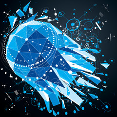 Poster - 3d engineering technology vector backdrop with low poly demolished object and wireframe. Blue mechanical scheme, dimensional abstract industrial design can be used as website background.
