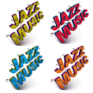 Set of 3d shattered vector jazz music words created with refractions. Dimensional inscription with specks isolated on white background.