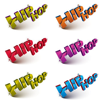 Set of 3d shattered vector hip hop words created with refractions. Dimensional inscription with specks isolated on white background.