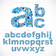 Poster - Floral alphabet sans serif letters drawn using abstract vintage pattern, spring leaves design. Blue vector font created in natural eco style.