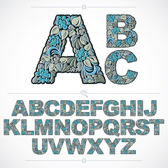 Poster - Set of vector ornate capitals, flower-patterned typescript. Blue characters created using herbal texture.