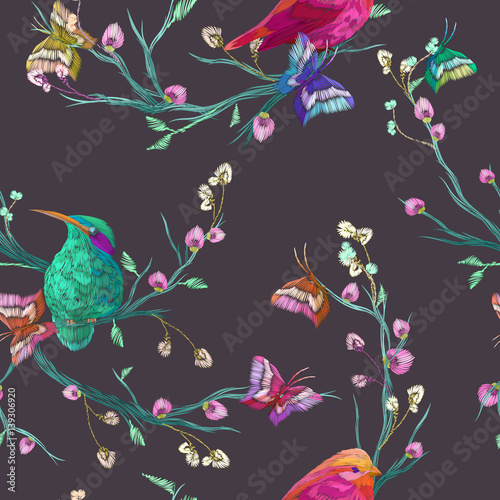 Naklejka ścienna Vintage Seamless pattern: bird, butterfly and flower, leaf, branch, isolated on background. Imitation of embroidery, watercolor. Hand drawn vector illustration, separated editable elements.