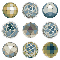 Fototapete - Collection of abstract vector low poly objects with lines and dots connected. Set of futuristic balls with overlapping lines mesh and geometric figures. 3d shapes can be used in technical modeling.