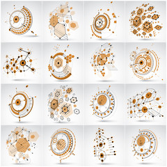 Fototapete - Collection of Bauhaus wallpapers, art dimensional vector background made with honeycombs, lines and circles. Graphic 1960s illustration can be used as booklet cover design. 3d technological pattern.