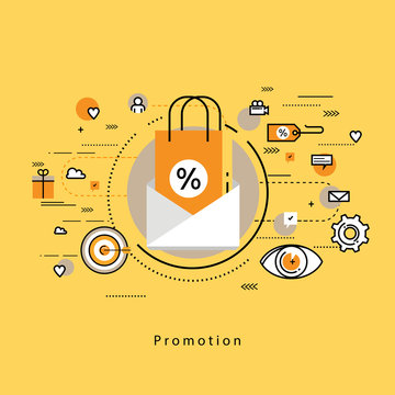Flat line modern corporate business vector illustration design and infographic elements for shopping, e-commerce, m-commerce services, digital promotion, discounts, sale, internet and online shopping