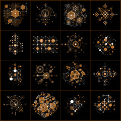 Fototapete - Bauhaus retro wallpapers, set of art vector backgrounds made using lines grid, honeycombs and circles. Graphic 1960s illustration can be used as booklets cover design. Technological patterns.