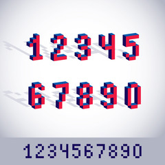 Fototapete - Vector modern tech whole numbers set. Geometric pixilated digits, 3d dotted 8 bit numeration from 0 to 9.