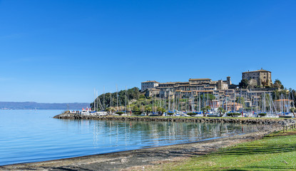 Capodimonte, italy - february 26, 2017 - small town of Capodimonte and the port on Bolsena lake, lazio, italy