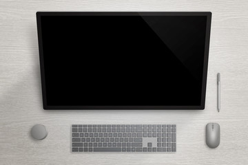 Poster - Big touch screen display on gray surface board. Pen, mouse, keyboard and dial beside. Top view.