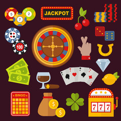 Casino icons set with roulette gambler joker slot machine isolated on white vector illustration.