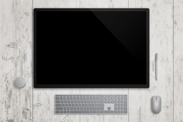 Leinwandbilder - Designer surface display studio in horizontal position. Blank touch screen for design mockup presentation. Pen, keyboard, mouse and dial beside. Top view. White wooden background.