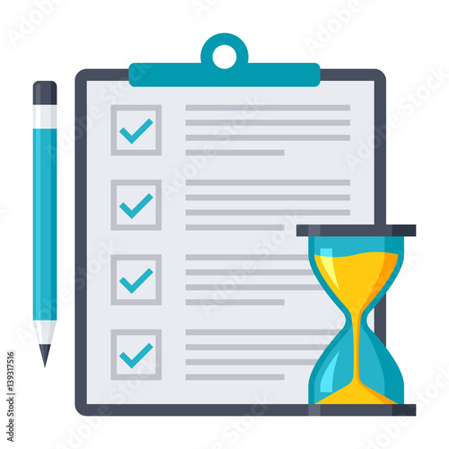 Fotografía Exam or test icon with document, pencil and hourglass