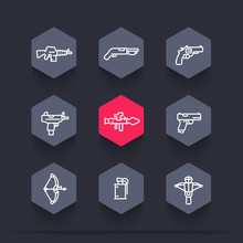 Weapons Icons Set In Linear Style, Rocket Launcher, Pistol, Submachine Gun, Assault Rifle, Revolver, Shotgun, Grenade