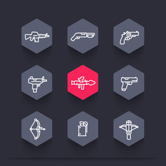 Wall Mural - weapons icons set in linear style, rocket launcher, pistol, submachine gun, assault rifle, revolver, shotgun, grenade