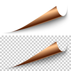 Leinwandbilder - Vector realistic bronze foil corner with shadow on transparent background. 3D page corner curled. Blank sheet of paper. Design element.