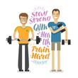 People in gym. Sport, bodybuilding concept, cartoon. Vector illustration drawn in flat style