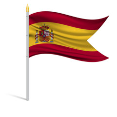 Sticker - The national flag of Spain on a pole. The wavy fabric. The sign and symbol of the country. Realistic vector.