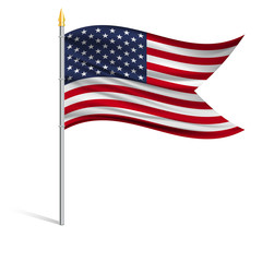 Sticker - The national flag of USA on a pole. The wavy fabric. The sign and symbol of the country. Realistic vector.